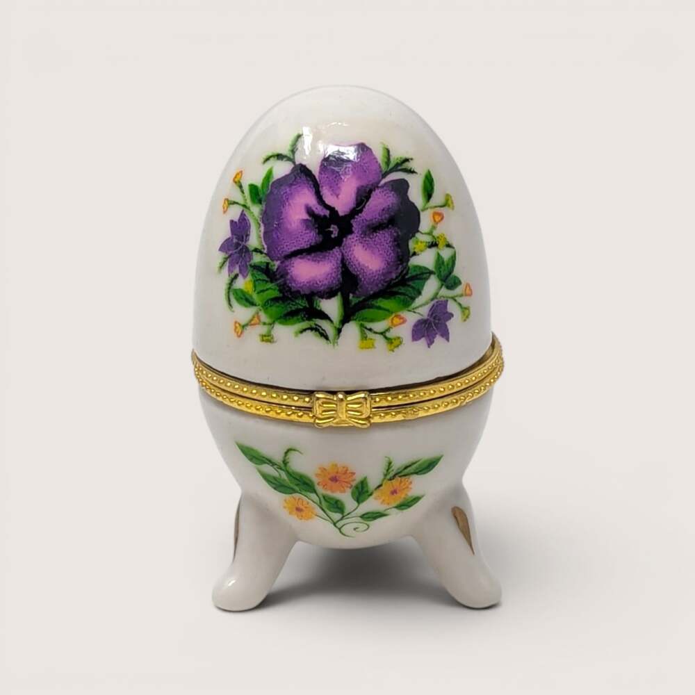 Vintage Footed Porcelain Egg Trinket Box Hinged Purple Floral Decor